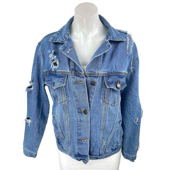 Forever 21 Women Blue Long Sleeve Distressed Button Up Denim Jean Jacket Size S - Picture 1 of 4